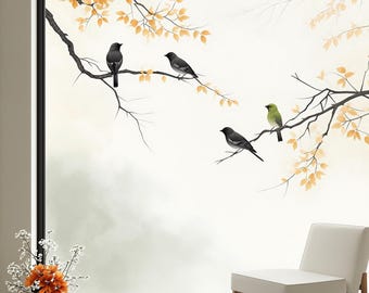 Custom Window Privacy Film with Birds on Branch – Frosted Glass Cling for Living Room, Bedroom, or Office Décor