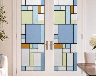 Glass Door Printed Stained Glass Effect Film, Blue Geometric Rectangles, Custom Size