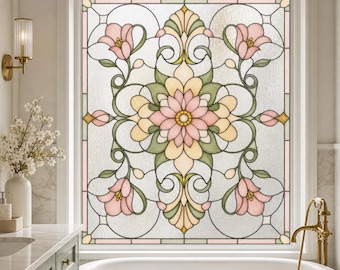 Window Privacy Film Custom Size, Green Art Deco Floral Stained Glass Effect Static Cling for Bathroom Glass