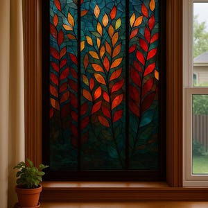 Custom Nature Stained Glass Window Film – River, Forest, Sunset, and Autumn Leaf Designs, Privacy Cling for Home, Door, or Studio