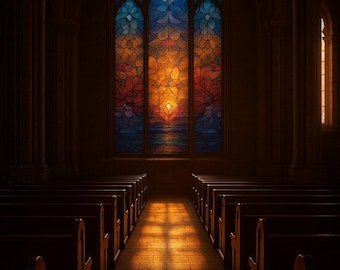 Sunset Cathedral Stained Glass Window Film – Custom Church Window Cling, Gothic Arch Design, Privacy Decorative Window Covering