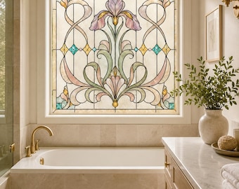 Window Privacy Film Art Nouveau Floral Stained Glass Window Film Frosted Decorative Cover Custom Size Available for Bathroom Window