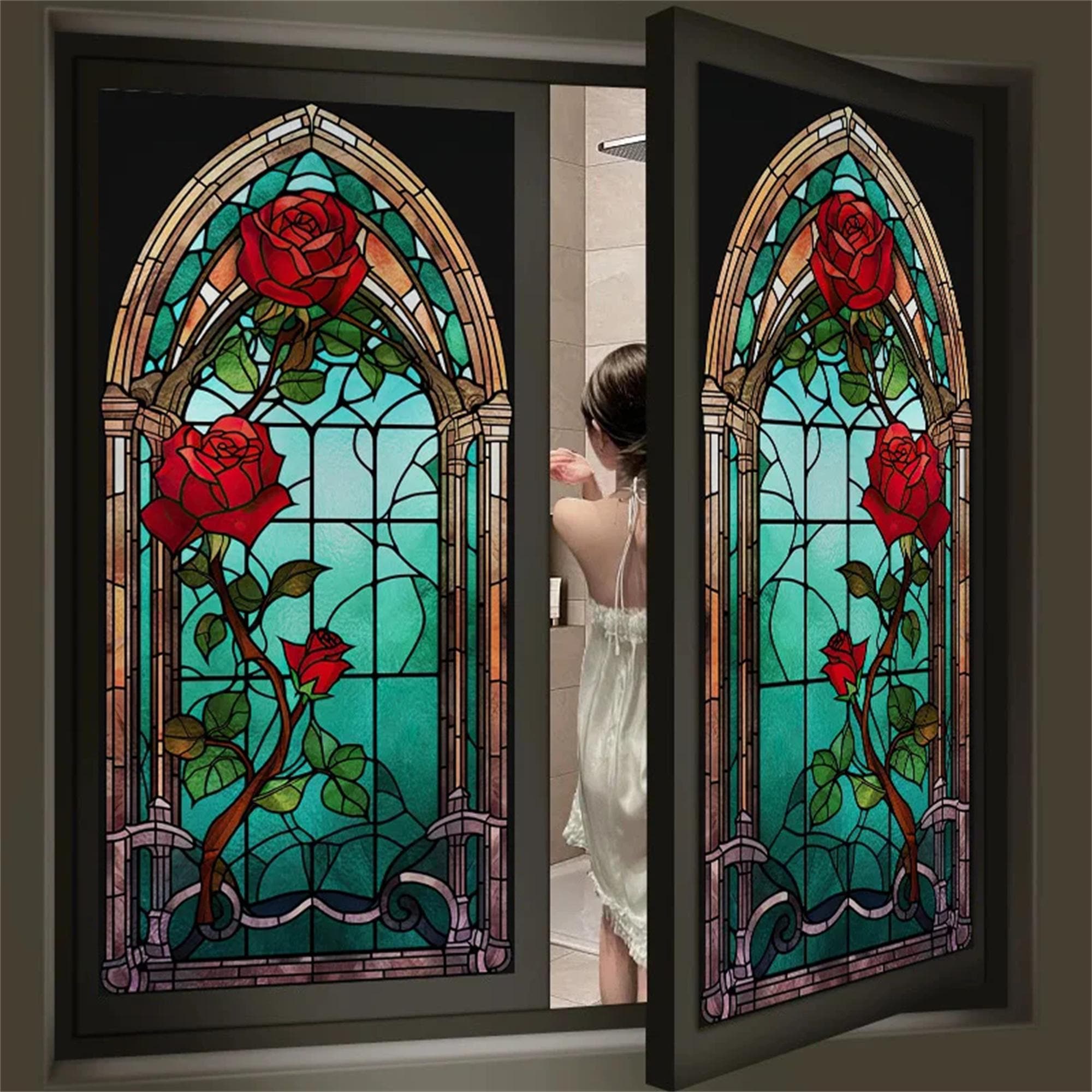 Home Decorative Window Film - Rose Stained Glass, Frosted, Privacy, Static Cling