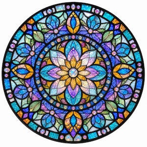 May include: A circular stained glass panel featuring a symmetrical floral mandala design. The artwork displays vibrant shades of blue, purple, gold, and green, accented by small iridescent circular gems embedded within the black leaded frame.
