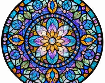 Round Stained Glass Window Film | Colorful Rose Window Privacy Cling | Decorative Floral Window Cover Custom Size