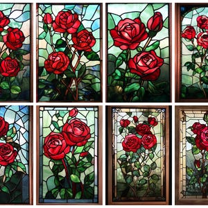 Custom Red Rose Stained Glass Window Film - Elegant Floral Design for Privacy, Light Filtering, and Artistic Home Décor