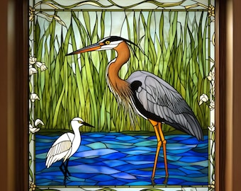 Elegant Heron Bird Stained Glass Window Film Water Reed Art Decor