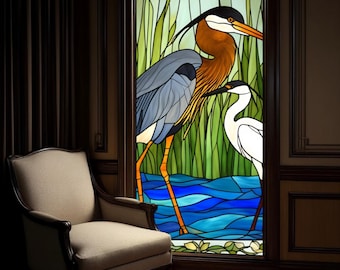 Heron Stained Glass Window Film Privacy Static Cling Nature Bird Design