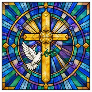 May include: A stained glass window design featuring a central golden cross with a star at its intersection. A white dove carrying a green olive branch is positioned in the foreground. The background consists of blue, teal, and purple glass panels.