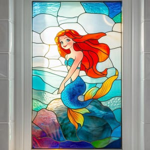 Translucent Mermaid Stained Glass Decal – Removable Self-Adhesive Cling for Window and Door Decor