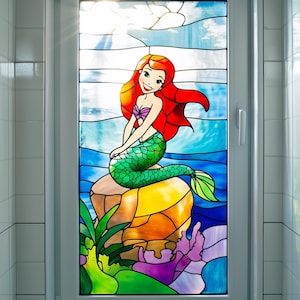 Stained Glass Mermaid Mural – Translucent Peel and Stick Cover, No Glue Self-Adhesive Removable Decal for Door and Window