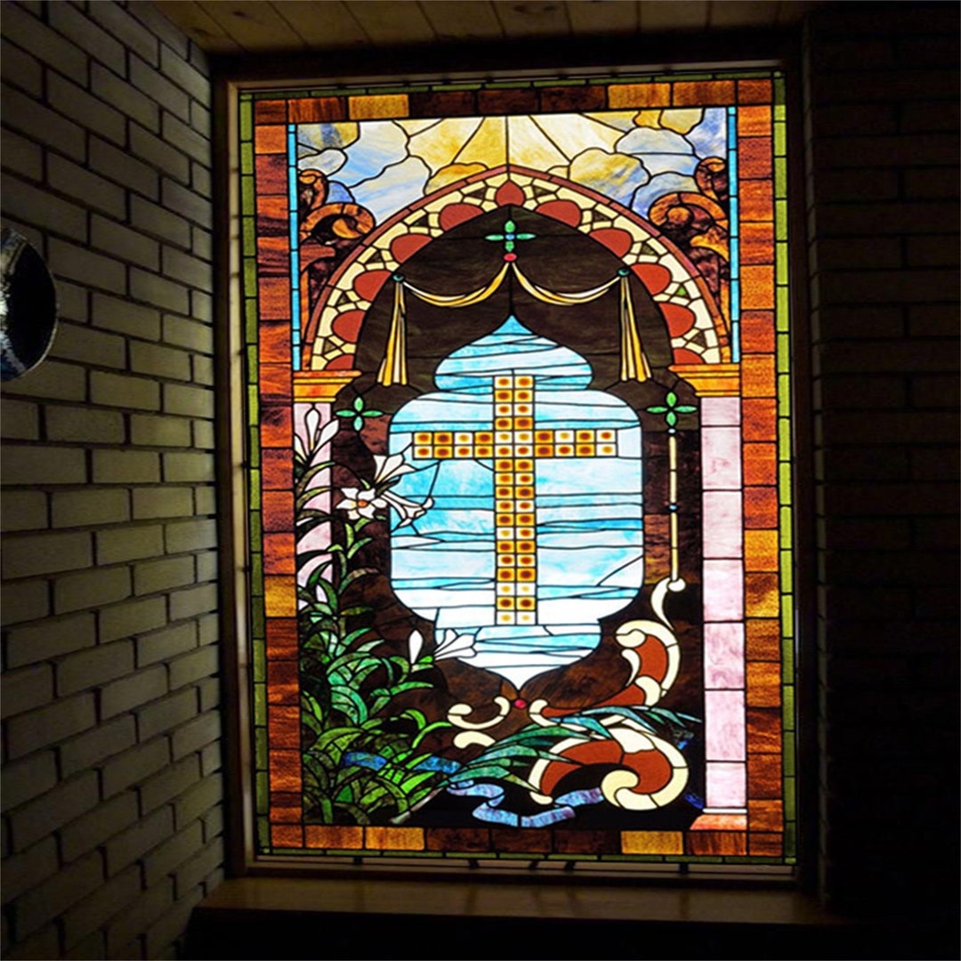 Customized Window Film Frosted Stained Glass Films Cross Dove Lily ...