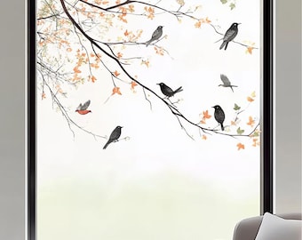 Decorative Bird & Branch Window Film: Semi-Transparent Privacy Sticker with Natural Charm