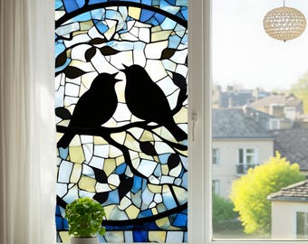 Love Birds Stained Glass Window Film Blue Mosaic Privacy Decor