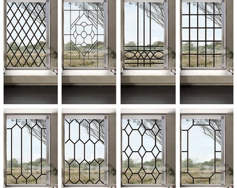 Stained Glass Window Film Transparent Glass Sticker Static Cling Iron Style Black Line Office Door Anticollision Home Decor Custom Size