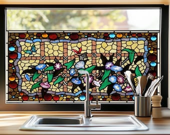 Kitchen Window Privacy Film - Stained Glass Floral Pattern, Decorative and Unique