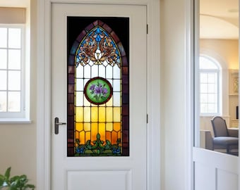 Vintage Floral Gothic Window Privacy Film – Custom Stained Glass Decorative Static Cling for Bathroom or Entry Door Glass