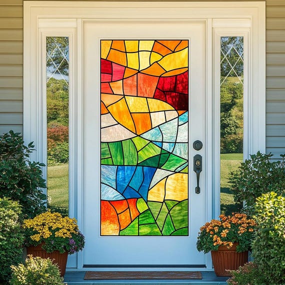Handmade Stained Glass Privacy Film – Geometric Color Block Design