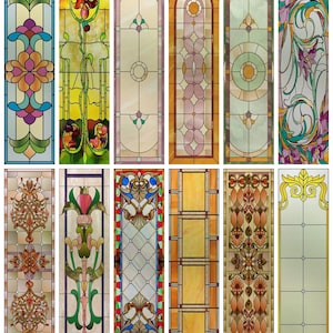 May include: Twelve stained glass window designs in various colors and patterns. The designs include floral, geometric, and abstract patterns. The designs are all rectangular and are approximately 12 inches tall and 4 inches wide.
