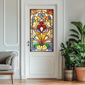 Colorful Floral Stained Glass Decal – Removable Non-Adhesive Static Cling for Front Door & Interior Windows