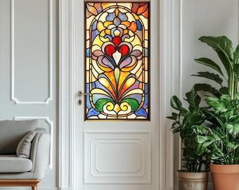 May include: A stained glass window film featuring a colourful floral design with red, yellow, blue, green, and purple accents. The film is applied to a white interior door.