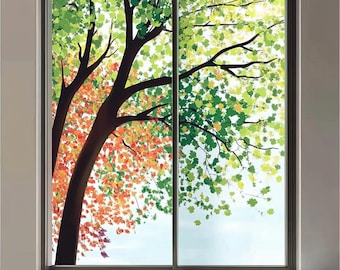 May include: A window featuring a tree design. The tree trunk is brown, with branches spreading across the window. The leaves are green and orange, creating a vibrant, natural scene. The window frame is dark grey.