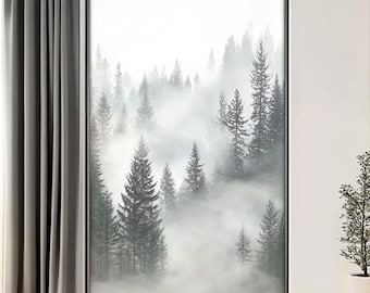 Misty Forest Window Film - Foggy Pine Trees Decorative Privacy Cover for Glass Windows and Doors, Non-Adhesive Static Cling for Home Decor