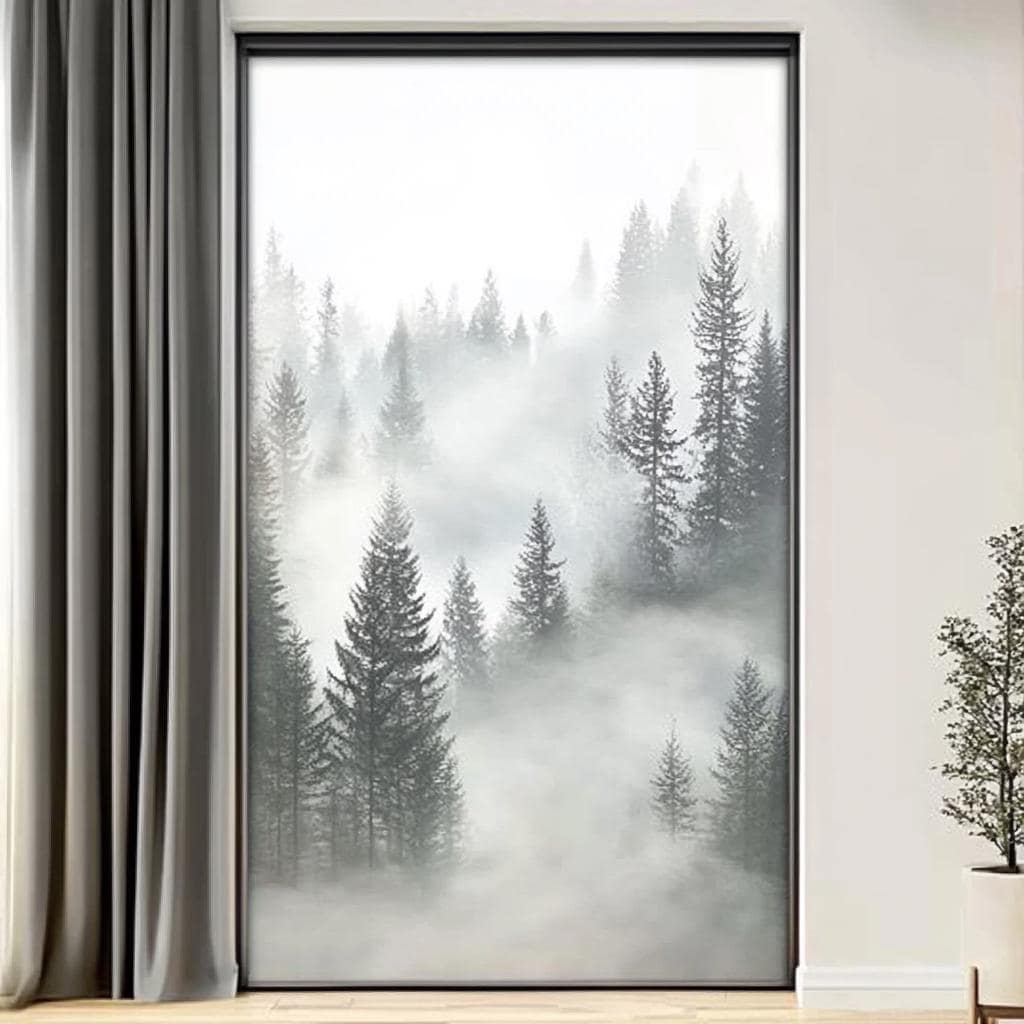 Misty Forest Window Film - Foggy Pine Trees Decorative Privacy Cover for Glass Windows and Doors, Non-Adhesive Static Cling for Home Decor