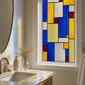 Stained Glass Window Film, Blue Abstract Rectangular Grid, Custom Size
