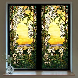 Floral Sunset Stained Glass Window Film - Elegant Privacy Cling for Doors and Windows, Non-Adhesive, UV Protection, Customizable Home Decor