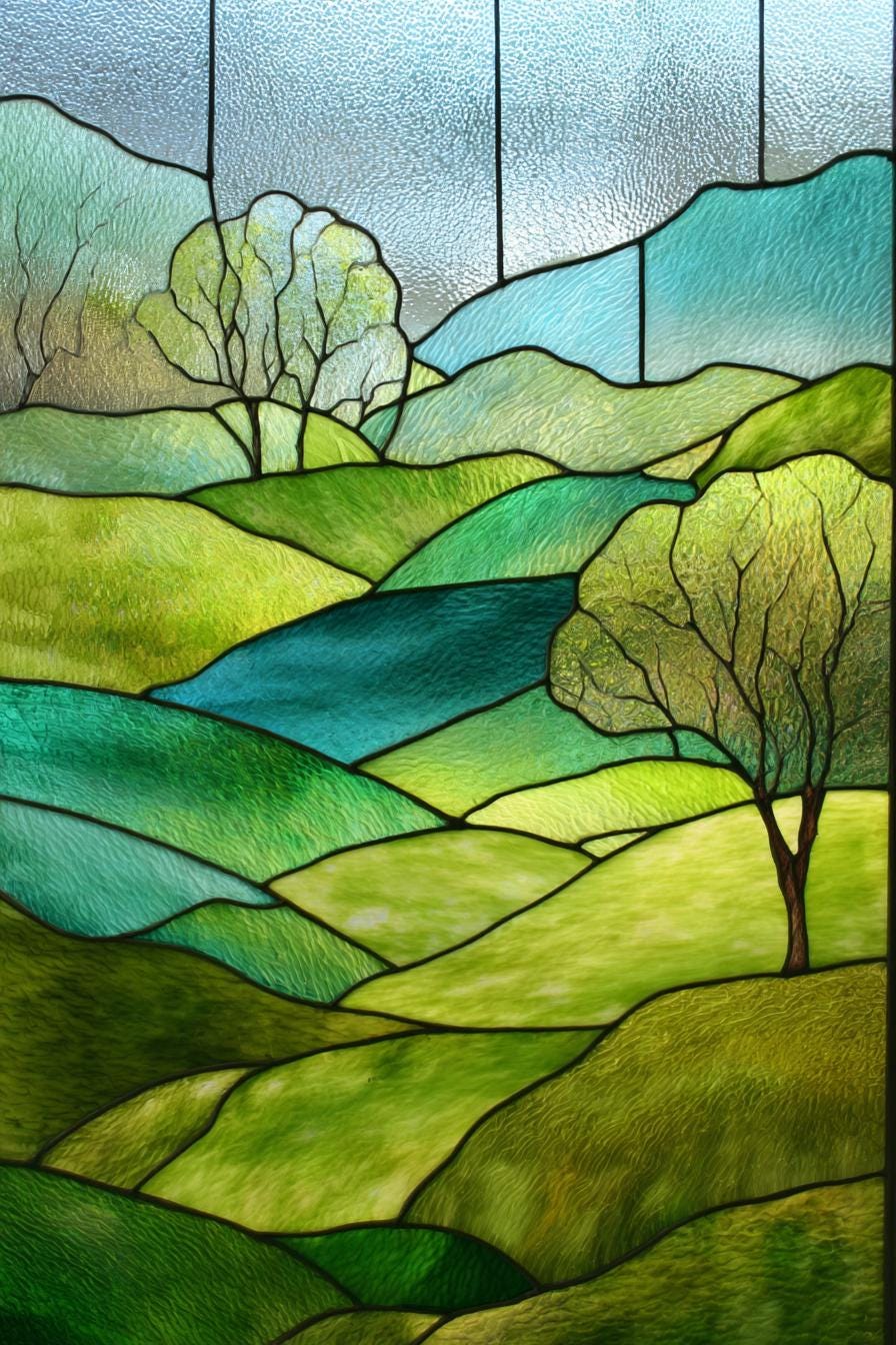 Custom Green Landscape Stained Glass Window Film – Tree Hill Nature ...