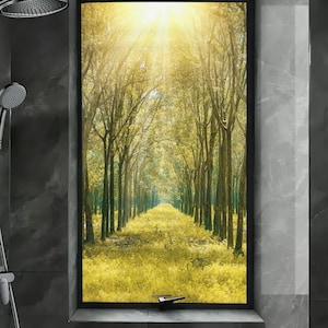 Custom Size Golden Grove Privacy Window Film – Frosted, Anti-UV, Stained Glass Design, Glue-Free Static Cling for Glass Doors