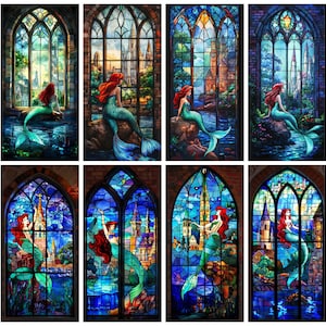 May include: A set of nine stained glass windows featuring a mermaid with red hair and a green tail. Each window has a different design and background, including a castle, a forest, and a beach.