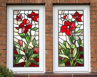 May include: Two white framed windows with stained glass panels depicting red flowers and green leaves.