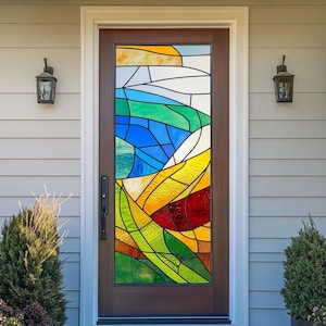 Modern Abstract Stained Glass Door Film – Vibrant Rectangle Pattern, Non-Adhesive Privacy Window Cling for Home & Office