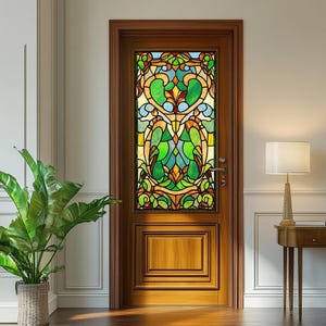 Custom Stained Glass Window Film – Vintage Art Nouveau Design, Privacy Frosted Cling, No Glue for Front Doors & Windows