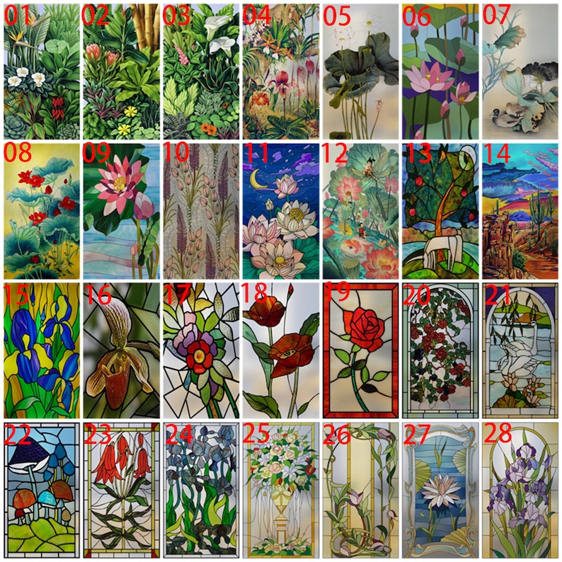 K&ouml;nnte beinhalten: Eine Sammlung von 28 Buntglasfenstern mit verschiedenen floralen Motiven. Die Fenster sind in einem Raster angeordnet und jedes Fenster ist in der oberen rechten Ecke nummeriert. Die Fenster sind aus buntem Glas gefertigt und zeigen komplizierte Designs von Blumen, Bl&auml;ttern und anderen nat&uuml;rlichen Elementen.