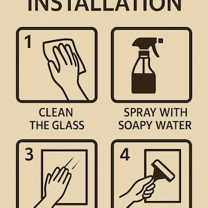 May include: A tan-coloured graphic detailing window film installation. The steps are: clean the glass, spray with soapy water, peel off backing and apply, and squeegee out bubbles and water. The text "WINDOW FILM INSTALLATION" is at the top.