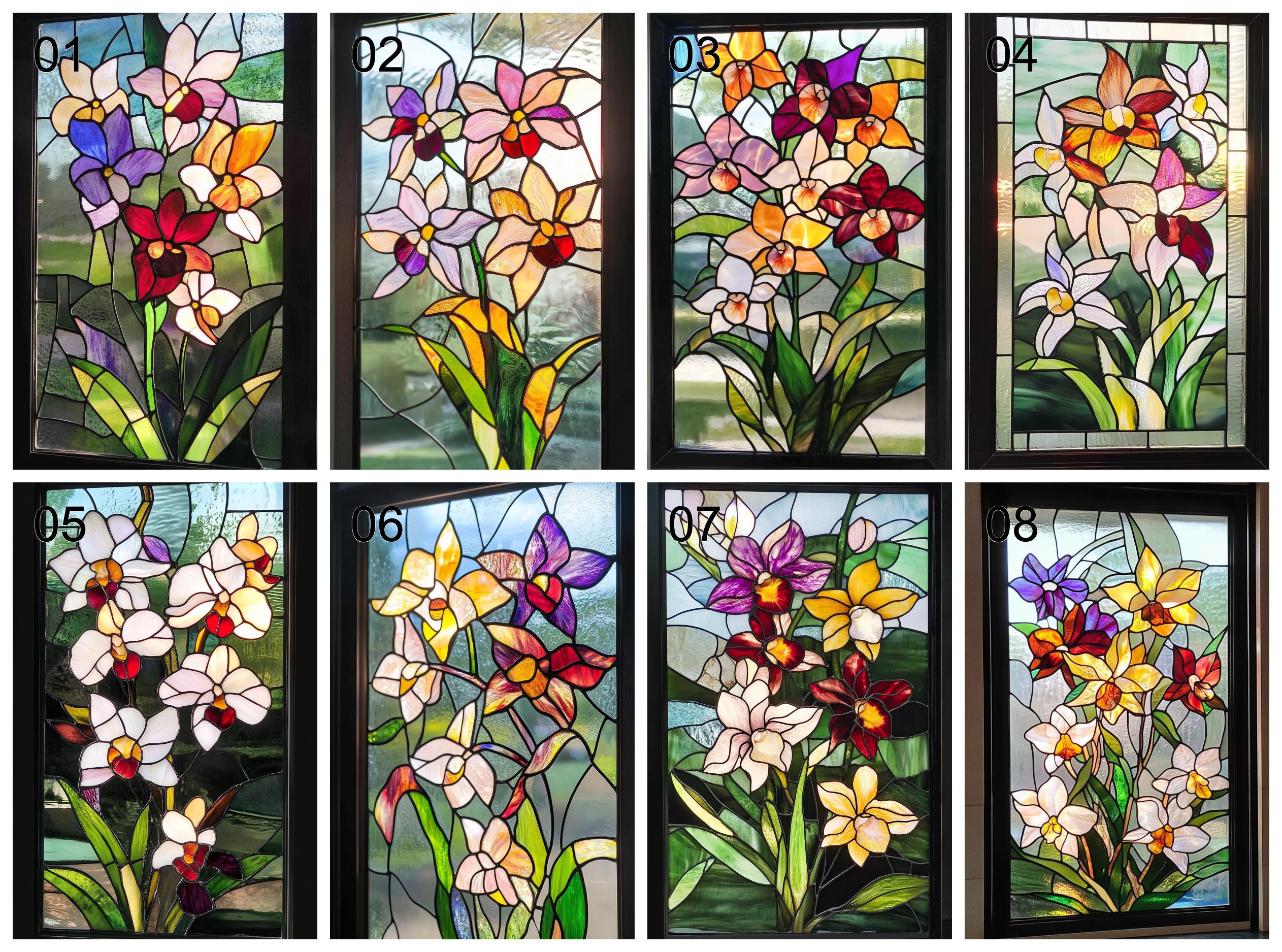 Pellicola per vetri colorati personalizzata - Design con fiori di orchidea, pellicola decorativa per la privacy, protezione UV per porte e finestre - Italia