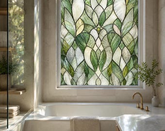 Window Privacy Film Stained Glass Window Film Green Botanical Privacy Window Cling Custom Size Available