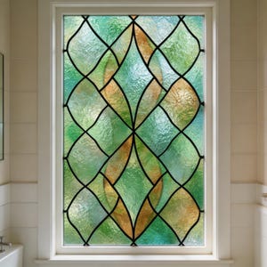 Stained Glass Window Film Green Gold Leaf Pattern Custom Size Available Privacy Frosted Static Cling Bathroom Window Decorative Vinyl Cover