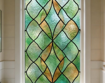 Stained Glass Window Film Green Gold Leaf Pattern Custom Size Available Privacy Frosted Static Cling Bathroom Window Decorative Vinyl Cover