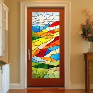 Custom Stained Glass Window Film – Scenic Landscape Design, Privacy Frosted Cling, No Glue for Front Doors & Windows