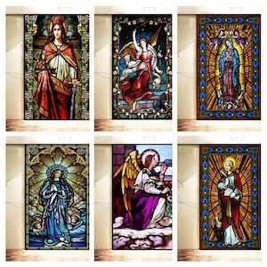 May include: Six stained glass window designs featuring religious figures. The designs include a woman holding a chalice and sword, a woman with wings, a woman with a baby, a woman with a crown, an angel with wings, and a man holding a book.