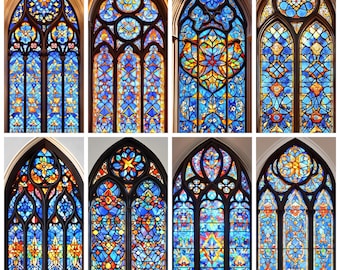 Gothic Arched Stained Glass Window Film - Vibrant Blue and Gold Floral Design for Cathedral-Inspired Home or Office Decor