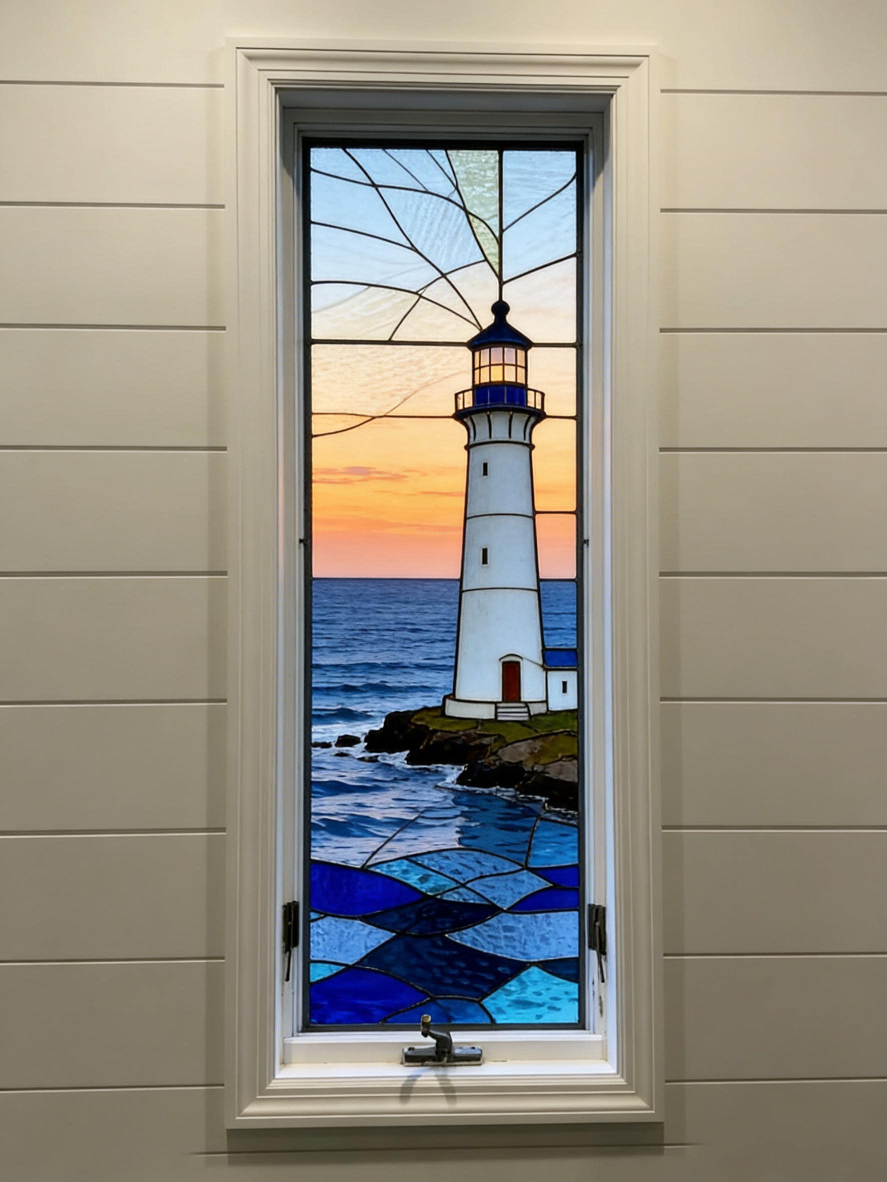 Lighthouse Window Types Stained Glass Lighthouse Ocean Window Film - Custom Size - Nautical ...