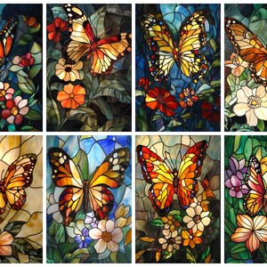 Può includere: Un set di otto pannelli in vetro colorato con farfalle colorate e dettagli intricati. Ogni pannello rappresenta una specie di farfalla diversa con colori e motivi vivaci su uno sfondo di fiori e foglie.
