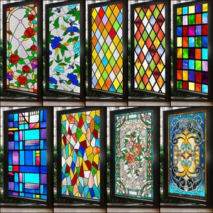 May include: Eight different stained glass window designs. The designs include floral patterns, geometric patterns, and abstract patterns. The stained glass is colorful and vibrant.