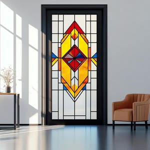 Custom Stained Glass Window Film – Art Deco Geometric Design, Privacy Frosted Cling, No Glue for Front Doors & Windows