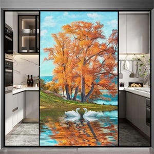 Custom Size Lake View Privacy Stained Glass Film – Electrostatic, Decorative, for Bathroom and Home Windows